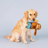 Golden retriever sits with the Makin’ Waves Plush Dog Toy in its mouth against a plain light blue background.
