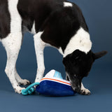 Black and white dog sniffing a Boat Loads of Fun Plush Dog Toy, shaped like a blue boat, on blue background.