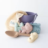 Mermaids Cove silicone beach toy set with bucket, shovel, and ocean-themed sand molds