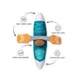 Go with the Flow Plush Dog Toy: kayak-shaped, squeaky, crinkly, and fluffy—great for play on land or in water!.