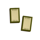 Two dark green Matchbox Merry Merry favors with a beige center panel printed with the word MERRY at the top and bottom.