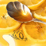 A vintage silver spoon rests on Meyer Lemon & Honey Marmalade atop a floral-patterned plate.