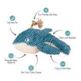 Oh Whale Earth Friendly Dog Toy: Blue plush, recycled bottle filling, and jute rope tail for eco-friendly play.