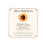 Square label for Peach Iced Tea - 1 Gallon Envelope with Ceylon black tea, peach image, and brewing instructions.