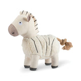 Earned My Stripes Earth Friendly Dog Toy: plush zebra with stripes, rope tail, button eyes, and recycled bottle filling.