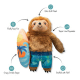Makin’ Waves Plush Dog Toy: a super soft sloth in swim trunks with surfboard, crinkle paper, and squeaker.