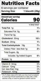 Gluten free Ginger Spice Biscotti nutrition label: calories, fat, protein, and key vitamins listed.