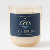 Blue Spruce Candle: soy wax in glass jar, blue label—perfect holiday gift from Santa Barbara Company.
