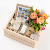 Butterfly Beach Gift Box with sustainable fresh flowers, candle, lotion, card & Santa Barbara postcard.