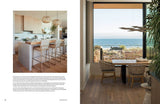 Left: Modern kitchen with island and barstools. Right: Rustic dining area with ocean view.