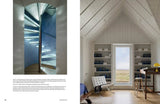 Left: Spiral staircase with translucent glass steps. Right: A minimalist room with bookshelves and a see through door.