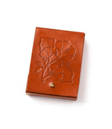 California Poppy Leather Playing Cards—brown leather case embossed with poppy and California state outline