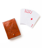 A brown leather card case with California Poppy Leather Playing Cards beside a royal flush display.