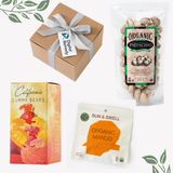 The California Snack Trio with Logo Gift Tag features artisan treats like organic pistachios, California gummy bears, and organic dried mango—beautifully arranged and perfect for corporate gifting.