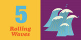 Large blue number 5, and fives drawn waves