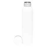 The Custom Logo Catalina Insulated Water Bottle 16.9 oz, in white stainless steel with copper vacuum insulation and a round cap placed beside it on a plain white background, is ideal for custom logo printing.