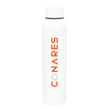 The Custom Logo Catalina Insulated Water Bottle 16.9 oz is white stainless steel with copper vacuum insulation, a black ring near the cap, and "CONARES" printed vertically in orange and gray on the side.