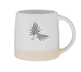 The Custom Logo Coronado Ceramic Mug 12 oz is a white ceramic mug with a beige bottom and a simple black leaf design. It features a smooth, curved shape and large handle, ideal for everyday use.