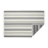 The Custom Logo Embroidery Organic Striped Cotton Throw Blanket features a rectangular, cream-colored design with horizontal dark gray stripes, fringe on the short edges, and a folded corner revealing the reverse side.