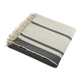 The Custom Logo Embroidery Organic Striped Cotton Throw Blanket is a folded, cream-colored luxury blanket with dark gray stripes and fringed edges, displayed on a white background.