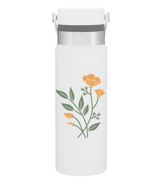 The Custom Logo Insulated Bottle with Carrying Loop features a white stainless steel body, silver band near the lid, green stems and three orange poppy flowers design. Its copper vacuum insulation keeps drinks hot or cold for hours.