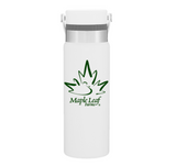 The Custom Logo Insulated Bottle with Carrying Loop is a white stainless steel bottle featuring a flip-top lid, a green maple leaf logo, and "Maple Leaf Farms" text on the front.