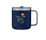 The Custom Logo Insulated Camp Mug 12 oz is a navy blue mug with a metal rim, clear lid, and right-side handle. It features customizable orange flower and green leaf illustrations on the side.