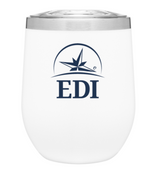 The Custom Logo Insulated Wine Tumbler - 12 oz is a white, stemless insulated tumbler with a metallic lid, featuring a navy blue compass-style logo above "EDI" on the front to keep drinks perfectly hot or cold.