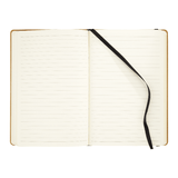 The Custom Logo Recycled Bound Journal 5.5" x 8.5" features blank, cream-colored pages and a black ribbon bookmark in an open, lined hardcover design, viewed from above.