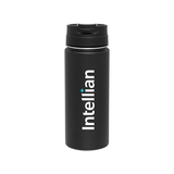 The Custom Logo Sequoia Stainless Tumbler is a black insulated mug with a lid, featuring "Intellian" printed vertically in white and a blue star above the "i"—a sleek custom design perfect for travel.