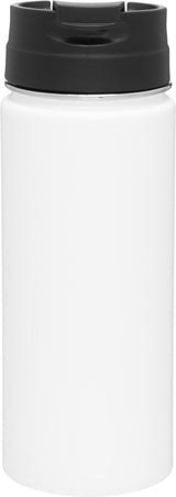 The Custom Logo Sequoia Stainless Tumbler, featuring a white stainless steel body and black screw-on lid, is displayed upright against a plain background—ideal for highlighting your custom logo.
