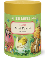 Easter-themed mini puzzle packaging with colorful illustrations and a yellow  top.