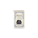 The French Lavender Soap Bar, weighing 1.75 oz (50 g), features shea butter and lavender essential oil. Handcrafted by Three Sisters Apothecary, it comes in cream packaging with blue borders and black text.
