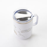 The Golden State California Insulated Camp Mug is white, comes with a clear lid and white spoon, and features an illustration with "Golden State California" on it. Perfect for any adventure. Shown on a plain white background.