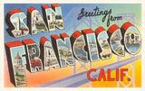 Greetings from San Francisco Postcard features city landmarks inside bold 3D letters spelling out “San Francisco Calif.”.