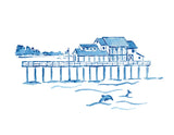 Blue sketch of Stearn's Wharf with dolphins in the ocean.