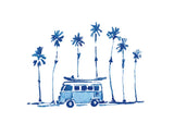 sketch of a blue van with surfboard on top with palms behind it.