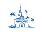 a blue watercolor of the Arlington Theatre, Spanish-style building with arches and palms.