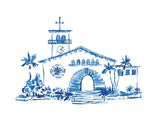 blue watercolor of the Santa Barbara Courthouse, a Spanish-style building 