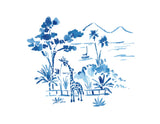 blue watercolor giraffe, trees, mountains, sailboat