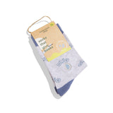 Kids Socks Gray Bicycles: gray socks with blue accents, bicycle design, packaging labeled "book donation socks.