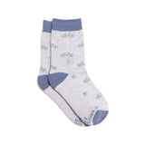 Kids Socks Gray Bicycles feature blue heels, toes, and small blue bicycle patterns on light gray fabric.
