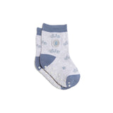 Kids Socks Gray Bicycles: organic kids' socks with blue toes, bicycle prints, and white non-slip grips.