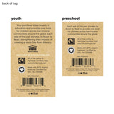 Two brown tags for Kids Socks Gray Bicycles, showing Fairtrade certification and info on charitable donations.