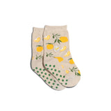 Kids Socks that Plant Trees - Lemons: Beige toddler socks with lemon prints and green grips on a white background.