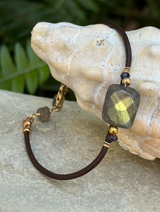 The Labradorite Reflection Bracelet features gold beads on brown cord, shimmering like an ocean jewel on a shell.