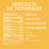 Meyer Lemon & Honey Marmalade label featuring nutrition facts and ingredients on a yellow background.