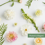  A variety of white, light pink, and peach flowers entitled muted and elegant.