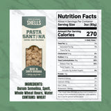 image showing the ingredients and nutrition facts of Pasta Santina Shells: bronze cut pasta made from durum semolina, spelt, and whole wheat flour.