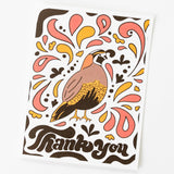 The Quail of California Thank You Note Card is a blank greeting card featuring an illustrated quail, colorful orange, yellow, and pink shapes, and "Thank you" in bold black letters at the bottom on recycled paper.